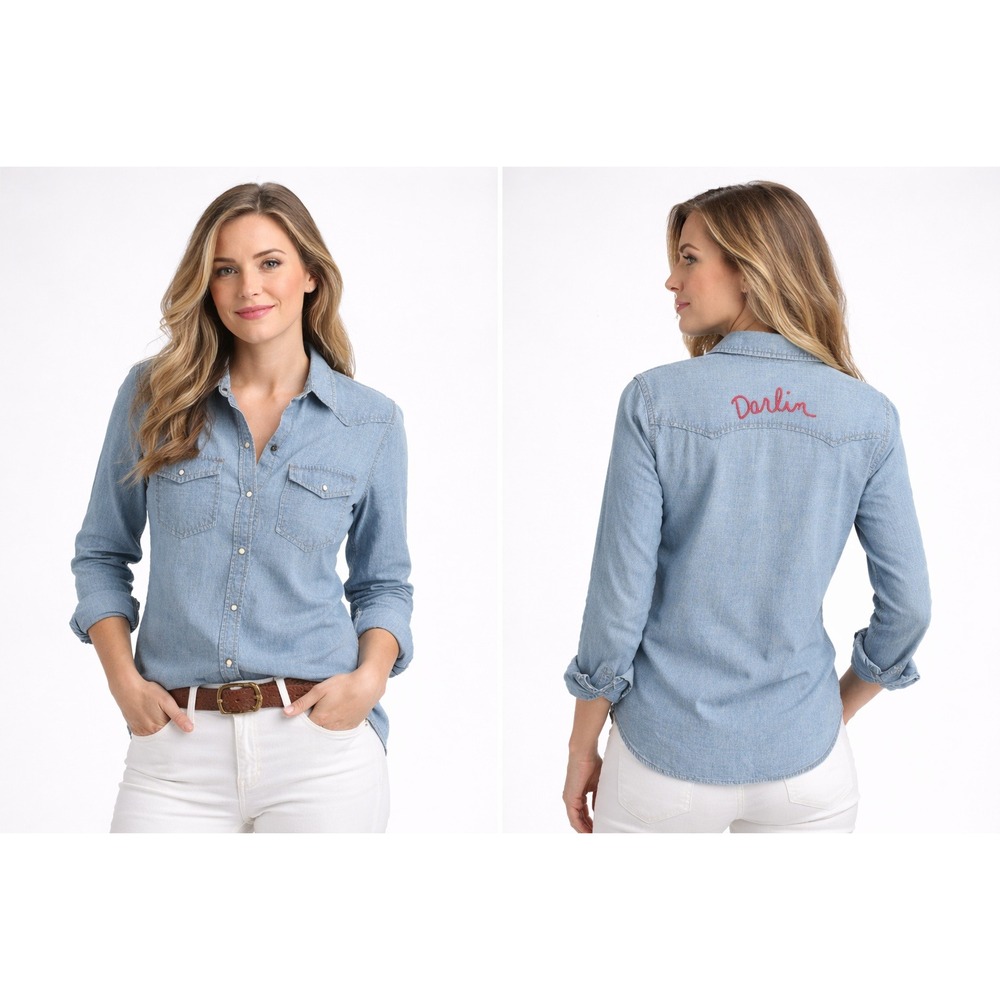 True Craft Women's Indigo Denim Western Pearl Snap Long Sleeve Darlin Shirt M